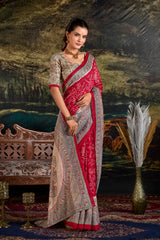Maroon Silk Madhubani & Bandhej Fusion Print Saree