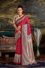 Maroon Silk Madhubani & Bandhej Fusion Print Saree
