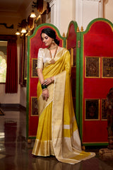 Yellow Elegant Jacquard Chex Saree with Zari Weaving Work