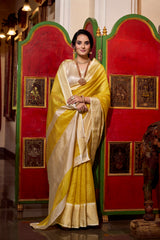 Yellow Elegant Jacquard Chex Saree with Zari Weaving Work