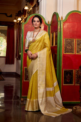 Yellow Elegant Jacquard Chex Saree with Zari Weaving Work