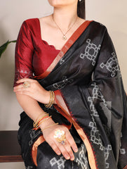 Black Pure Jacquard Silk Printed With Zari Weaving Work Saree