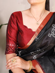 Black Pure Jacquard Silk Printed With Zari Weaving Work Saree