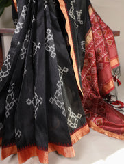 Black Pure Jacquard Silk Printed With Zari Weaving Work Saree