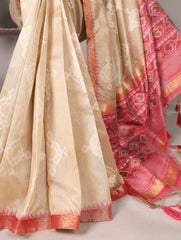 Cream Pure Jacquard Silk Printed With Zari Weaving Work Saree