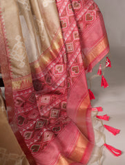 Cream Pure Jacquard Silk Printed With Zari Weaving Work Saree