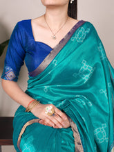 Teal Pure Jacquard Silk Printed With Zari Weaving Work Saree