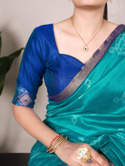 Teal Pure Jacquard Silk Printed With Zari Weaving Work Saree