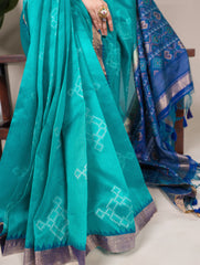 Teal Pure Jacquard Silk Printed With Zari Weaving Work Saree