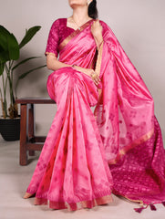 Pink Pure Jacquard Silk Patola Print With Zari Weaving Work Saree