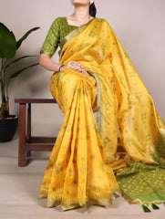 Yellow Pure Jacquard Silk Patola Print With Zari Weaving Work Saree