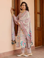 Stylish Printed Kurti Pant and Print with Lace Work Dupatta Set For Women and Girl