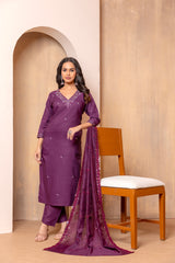 Wine Roman Silk V Neck Straight Fit and Heavy Embroidered Work Women’s Kurta Set with Dupatta