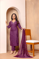 Wine Roman Silk V Neck Straight Fit and Heavy Embroidered Work Women’s Kurta Set with Dupatta