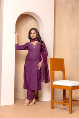 Wine Roman Silk V Neck Straight Fit and Heavy Embroidered Work Women’s Kurta Set with Dupatta