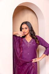 Wine Roman Silk V Neck Straight Fit and Heavy Embroidered Work Women’s Kurta Set with Dupatta