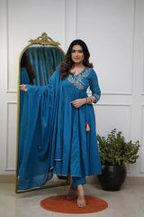 Biba Blue Cotton Embroidery Anarkali Set With Dupatta Set