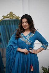 Biba Blue Cotton Embroidery Anarkali Set With Dupatta Set
