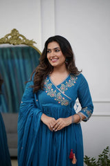 Biba Blue Cotton Embroidery Anarkali Set With Dupatta Set