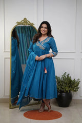 Biba Blue Cotton Embroidery Anarkali Set With Dupatta Set