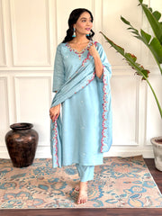 Women's chanderi viscose embroidered straight kurta with pant and dupatta set