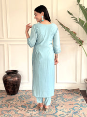 Women's chanderi viscose embroidered straight kurta with pant and dupatta set