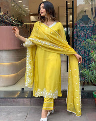 Premium Yellow Georgette Suit with Chanderi Bottom Embroidery for Celebrations Gatherings
