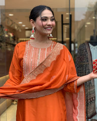 Vibrant Orange Suit Set with Traditional Embroidery