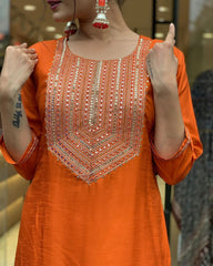 Vibrant Orange Suit Set with Traditional Embroidery