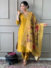 Mustard Yellow Embellished Kurta Set with Floral Printed Dupatta