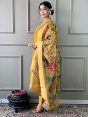 Mustard Yellow Embellished Kurta Set with Floral Printed Dupatta