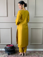 Mustard Yellow Embellished Kurta Set with Floral Printed Dupatta