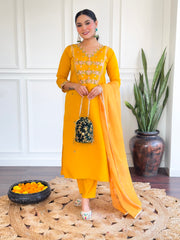 Yellow Embroidered Chanderi Silk Kurta set