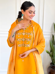 Yellow Embroidered Chanderi Silk Kurta set