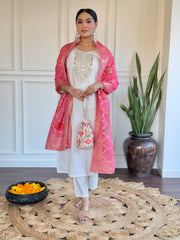 Off White Thread Embroidered Chanderi Kurta Set