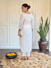 Off White Thread Embroidered Chanderi Kurta Set