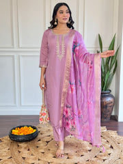 New Chanderi Silk Embro Work Kurta Pant And Dupatta Set