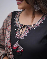 Women's Embroidered black Kurta and Pant with Dupatta Set