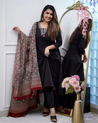 Women's Embroidered black Kurta and Pant with Dupatta Set