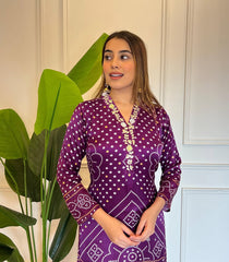 Designer Purple Bandhani Print Kurti For Women