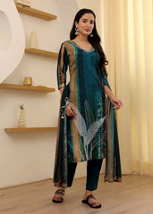 Peacock Rayon Slub Embroidered Kurta with Pant & Chanderi Dupatta Set