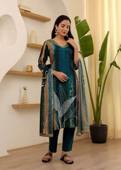 Peacock Rayon Slub Embroidered Kurta with Pant & Chanderi Dupatta Set
