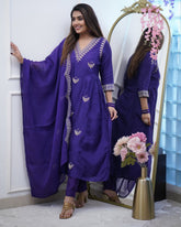 Royal Purple Embroidered Kurta Pant Set with Dupatta – Festive Elegance