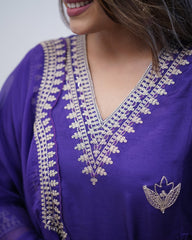 Royal Purple Embroidered Kurta Pant Set with Dupatta – Festive Elegance