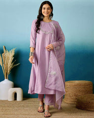 Lavender Bitaliyan Zari Sequence Gota Work Embroidered A Line Kurta With Pant and Dupatta