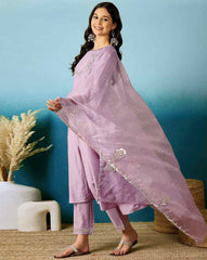 Lavender Bitaliyan Zari Sequence Gota Work Embroidered A Line Kurta With Pant and Dupatta