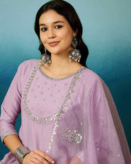 Lavender Bitaliyan Zari Sequence Gota Work Embroidered A Line Kurta With Pant and Dupatta