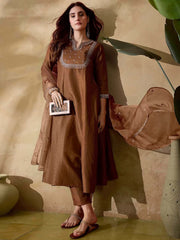 Brown Embroidered Kurta With Bottom & Dupatta