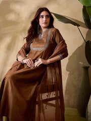 Brown Embroidered Kurta With Bottom & Dupatta