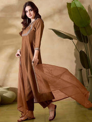 Brown Embroidered Kurta With Bottom & Dupatta